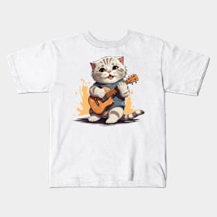 Scottish Fold Cat Playing Guitar Kids T-Shirt